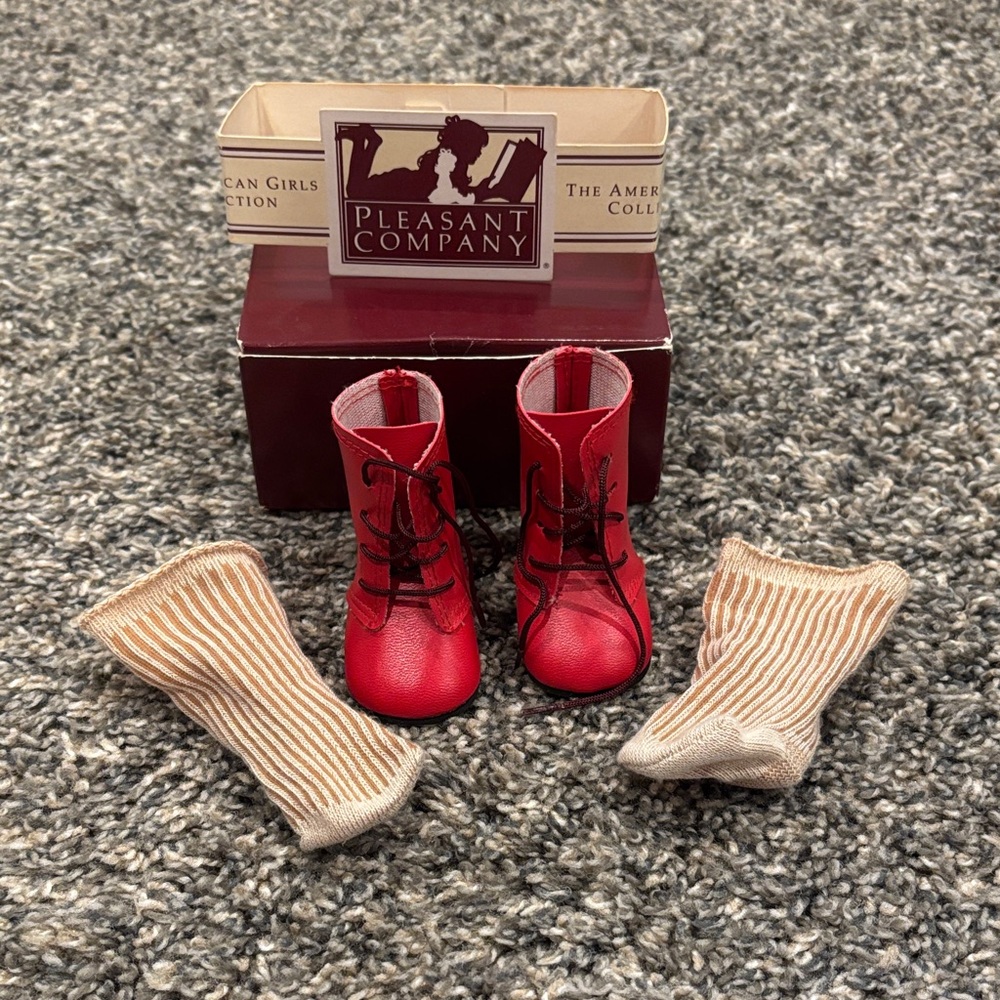 RETIRED Pleasant Company Red Lace-Up Boots with Cream Striped Socks